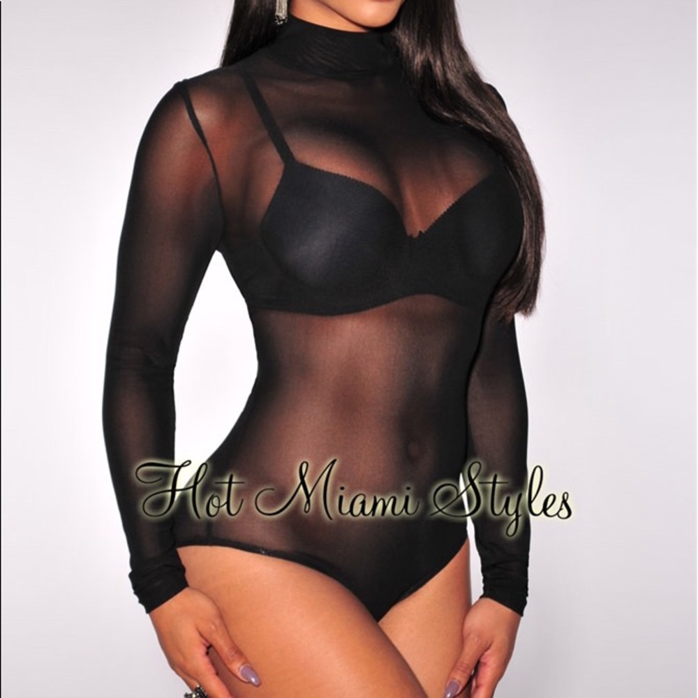 Hot Miami Styles Black Mesh Mock Neck Bodysuit
